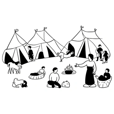 Moses receiving advice from Jethro with a backdrop of tents and lively camp activity