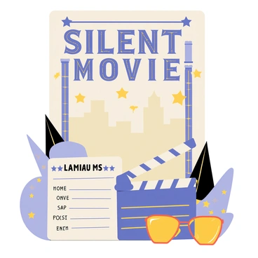 A vintage poster for a silent movie with a large, central title in bold, dramatic typography. The background features a stylized cityscape with tall buildings and a starry night sky. In the foreground, classic film elements such as a vintage film camera and a pair of old-fashioned glasses rest beside a clapperboard. The poster includes additional text elements with smaller, elegant fonts to provide details about the film. The overall color scheme consists of muted tones, with hints of gold and silver to evoke a sense of nostalgia.