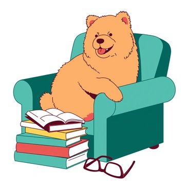 A fluffy orange chow chow is sitting comfortably in a teal armchair. The dog has a relaxed expression, with its tongue slightly out. In front of the chow chow, there is a small stack of colorful books, with one book slightly open, revealing its pages. Next to the stack of books, a pair of white reading glasses rests on the arm of the chair. The scene conveys a cozy reading atmosphere.