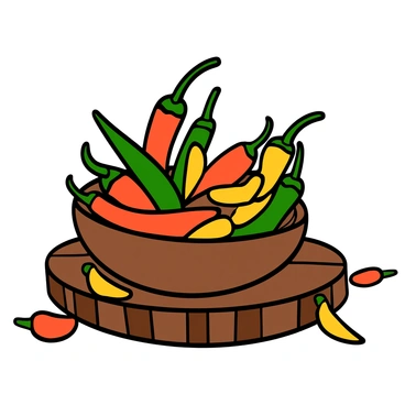 A realistic arrangement of a bowl filled with various types of chili peppers. The bowl is made of rustic ceramic and sits on a textured wooden table. The peppers include long green jalapeños, bright red cayennes, and small yellow banana peppers, all varying in sizes and shapes. The peppers are shiny and well-defined, showcasing their vibrant colors. A few chili peppers are scattered around the bowl, adding to the composition. Soft natural light highlights the scene, creating gentle shadows around the bowl.