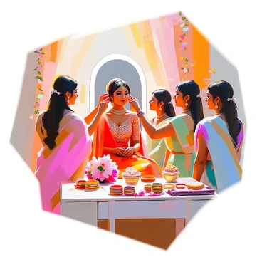 A modern Indian bride with deep brown skin and long, dark hair is sitting in front of a mirror, preparing for her wedding day. She is wearing a vibrant red and gold lehenga, adorned with intricate embroidery. Her bridesmaids, dressed in coordinating pastel sarees, are gathered around her, assisting her with various pieces of jewelry. One bridesmaid is placing a delicate gold necklace around the bride's neck, while another is adjusting her earrings. The room is filled with soft, warm light, highlighting the colorful decorations and floral arrangements. An assortment of bangles in bright colors is spread out on a nearby vanity, adding to the festive atmosphere.