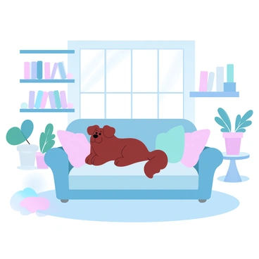 A cozy living room features a fluffy dog curled up comfortably on a soft sofa. The sofa is adorned with colorful cushions, adding to the warmth of the space. A large window is positioned nearby, with sunbeams streaming in, casting gentle light across the room. The floor is covered with a plush rug, and there are bookshelves filled with books on either side of the window. Potted plants are placed on a small table next to the sofa, enhancing the inviting atmosphere.