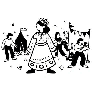 A girl standing in a lively music festival scene, wearing a flowing bohemian dress adorned with intricate patterns. She has a crown made of flowers resting atop her head. Surrounding her are colorful tents and flags fluttering in the breeze. The ground is scattered with people enjoying the music and dancing, with musical instruments visible in the background.