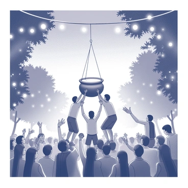 A dahi handi event is happening in a festive atmosphere. A large clay pot filled with curd is suspended high above a crowd. Groups of participants are forming human pyramids, with individuals climbing on top of each other's shoulders to reach the pot. The scene is illuminated by twinkling string lights strung between trees, creating a lively ambiance. Above, a starlit sky adds to the celebratory feeling. People are cheering, and some are holding traditional decorations, enhancing the festive spirit of the event.