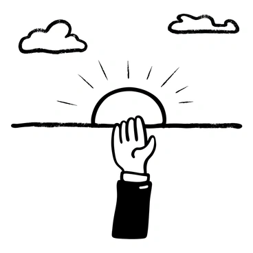 A hand emerging from the bottom of the image, grasping the horizon as if it were a curtain. The horizon is depicted as a soft line across the middle of the image, with detailed textures to suggest a divide between night and day. The hand appears strong and poised, gently pulling the horizon upwards, creating a sense of movement. Above the horizon, there are clouds transitioning from darker shades to lighter ones, symbolizing the arrival of dawn. The overall composition captures the moment of a new beginning.