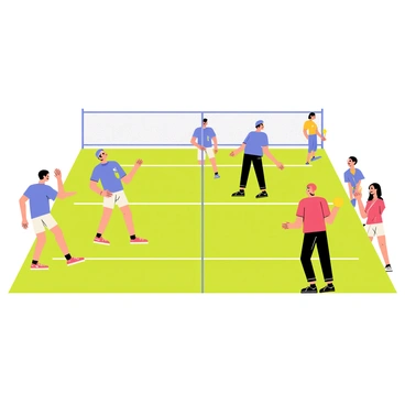 A brightly lit outdoor pickleball court filled with two teams of doubles players. Each team consists of two players positioned on opposite sides of the net. One team wears matching blue shirts and white shorts, while the other team sports red shirts and black shorts. The players are actively engaged in the game, with one player on the blue team poised to serve the ball, and the opposing red team players are ready to return the shot. The court surface is smooth and green, surrounded by a fence and bright blue sky overhead. Spectators can be seen in the background, watching the exciting match unfold.