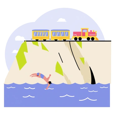 A colorful train with a bright red engine is passing by on a railway that runs along a steep cliffside. The cliff is rocky and covered with green shrubs. In the background, the sky is clear with a few fluffy white clouds. Below the cliff, a diver is captured mid-air, wearing a blue swimsuit and preparing to leap into the sparkling blue sea. The sea is dotted with white waves and reflects the sunlight. The scene conveys a sense of adventure and excitement.