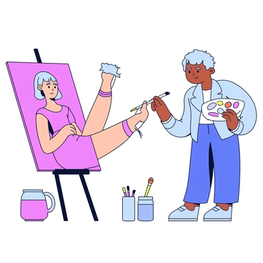 An artist is focused on painting a portrait of a model. The model is striking a leg extension pose, with one leg extended gracefully in front. The model has a neutral expression and is dressed in a simple, form-fitting outfit. The artist is using a palette with a variety of colors, including skin tones and vibrant shades for the background. The easel is positioned in front of the model, showcasing the unfinished portrait on the canvas. There are paintbrushes and a jar of water nearby, indicating the artist's creative process.