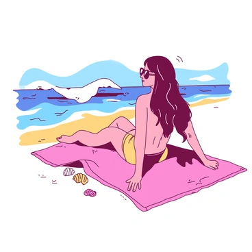 A pink beach towel is spread out on the sand. A woman with long, flowing hair is sitting on the towel, gazing thoughtfully at the ocean waves rolling in the distance. She has sunglasses resting on her head, reflecting the sunlight. The ocean in front of her is a vibrant shade, and the sand surrounding the towel is golden. A few seashells can be seen scattered near the edge of the towel.