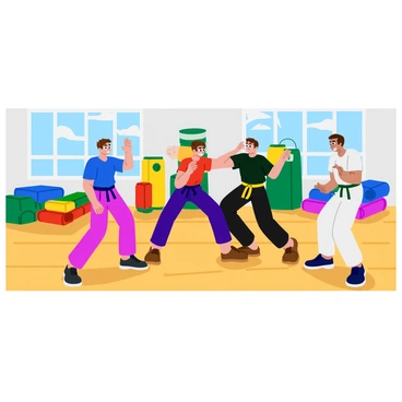 A group of five students practicing Krav Maga techniques in a bright gym. The gym features large windows letting in natural light, illuminating the polished wooden flooring. Each student wears a different color uniform: one in a blue t-shirt, another in red, and the others in green, black, and white. They are demonstrating various defensive stances and movements, with one student performing a roundhouse kick while another blocks an attack. In the background, colorful mats are stacked neatly against the wall, along with training equipment like pads and punching bags.