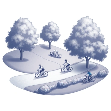 A bicycle path winding through a park. The path is surrounded by dense foliage, with various trees providing shade along the route. Several cyclists are riding on the path, each displaying different postures and expressions of enjoyment. Some cyclists are pedaling at a leisurely pace while others are in a more dynamic riding position. The park features grassy areas interspersed with vibrant flowerbeds, creating a lively atmosphere.