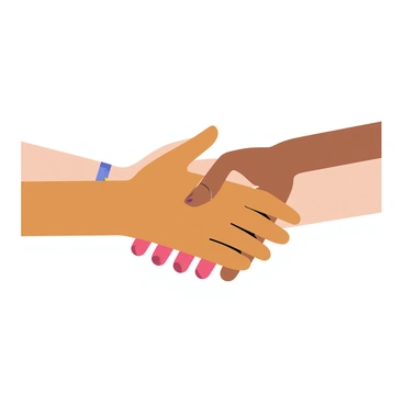 A group of four hands of various skin tones coming together in a friendly handshake. The hands are positioned in the center of the image, with a light background that highlights the diverse skin tones. Each hand displays distinct features, such as varying nail shapes and jewelry. The handshake is firm but friendly, symbolizing unity and cooperation.