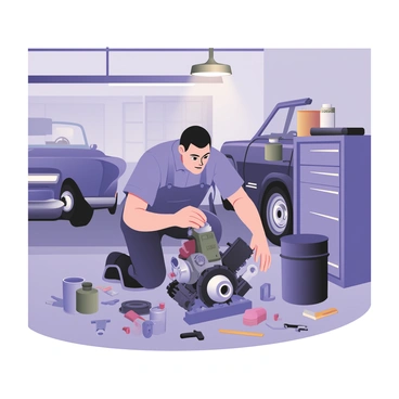 A mechanic is focused intently on repairing a car engine inside a garage. The mechanic has light skin and short black hair, wearing a blue work shirt with rolled-up sleeves and dark jeans. He is kneeling beside a disassembled engine that is placed on a workbench, surrounded by various tools such as wrenches, screwdrivers, and oil cans. A bright overhead light illuminates the workspace, casting shadows on the grey concrete floor. Various car parts are scattered around, and there is a large toolbox nearby that is partially open. A vintage car in the background is partially covered with a tarp.