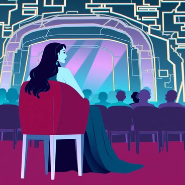 A woman with medium skin and long, wavy hair is seated in a plush velvet chair at an art deco opera house. She is wearing an elegant, floor-length gown that shimmers under the ornate chandeliers. The interior features intricate geometric patterns and gold accents typical of the art deco style. The stage is set with vibrant curtains, and the audience is captivated by the performance illuminated by soft, ambient lighting. The woman looks intently at the stage, showcasing a blend of sophistication and engagement in the artistic atmosphere.