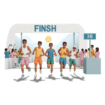 A group of five runners, wearing colorful athletic gear, sprinting towards the finish line. Each runner has a look of determination on their face, muscles tense as they exert every ounce of energy. The finish line is marked with a large banner reading "FINISH" in bold letters. Spectators in the background are cheering, some holding up signs of encouragement. The sun is shining brightly, casting long shadows of the runners on the ground. A timer in the corner shows a close time as the runners approach the finish.