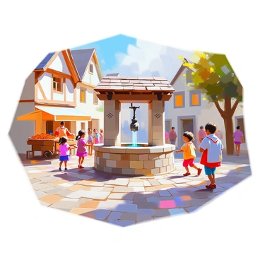 A lively medieval town square features a sturdy stone well at its center, surrounded by cobblestone pathways. The well is adorned with intricate carvings and has a wooden roof above it. In the background, charming timber-framed buildings with thatched roofs create an inviting atmosphere. Children of various ages, wearing colorful clothing, are playing games around the well, some are chasing each other while others are jumping rope. Nearby, a vendor is selling fresh bread from a wooden cart, and a few townsfolk are gathered, chatting and enjoying the warm day.