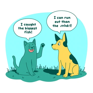 A teal cat and a yellow dog are sitting on a grassy area, facing each other with animated expressions. The cat is raising a paw, looking determined, while the dog has its ears perked up, appearing excited. Above the cat, there is a speech bubble with the text "I caught the biggest fish!" Inside the dog's speech bubble, it says "I can run faster than the wind!" The background features a clear blue sky, highlighting the vibrant colors of the animals.