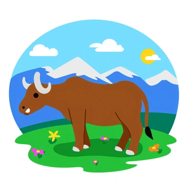 A brown carabao with thick, curved horns stands atop a grassy hill. The hill is adorned with patches of wildflowers in various colors. In the background, a panoramic view of majestic mountains stretches across the horizon, their peaks capped with snow. The sky above is clear and blue, with a few fluffy white clouds drifting lazily. The sun casts warm light, illuminating the carabao and creating soft shadows on the ground. The scene captures a peaceful and vibrant landscape.