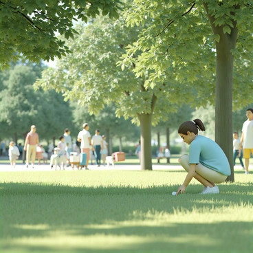 A woman, wearing a light blue blouse and beige trousers, is crouched down in a lush green park, intently searching for her lost coin among the grass. She has brown hair tied back in a ponytail. Surrounding her are tall trees with vibrant green leaves, providing a shaded backdrop. In the distance, several people are walking by, some with dogs on leashes and others carrying picnic baskets, creating a lively atmosphere in the park. The sunlight filters through the branches, casting dappled shadows on the ground.