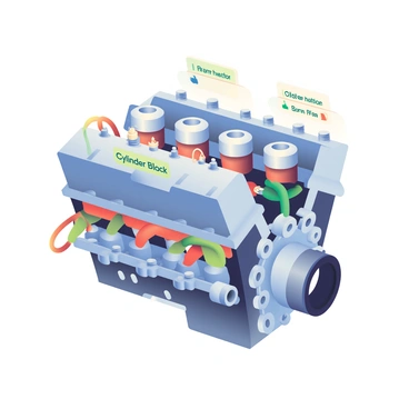 A detailed 3D illustration of a car engine is displayed prominently in the center. The engine is presented with visible parts such as the cylinder block, pistons, and spark plugs, each clearly defined. Labels are superimposed on various components; the cylinder is labeled "Cylinder Block" and the individual pistons are marked with "Piston." The spark plugs are identified with "Spark Plug." The engine is depicted with metallic textures showcasing bolts and wiring, while the backdrop remains simple to highlight the intricate details of the engine.