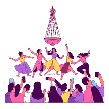 A group of modern dancers is performing energetically in front of a traditional dahi handi setup. The dancers are dressed in vibrant costumes, showcasing a variety of colors and dynamic styles. Each dancer is in a different pose, displaying strength and grace. The dahi handi is intricately designed, suspended high above, decorated with colorful flowers and ribbons. Below, a crowd is gathered, some cheering and others capturing the moment with their smartphones. The atmosphere is lively, as the dancers blend contemporary movements with traditional elements, creating a fusion of cultures.