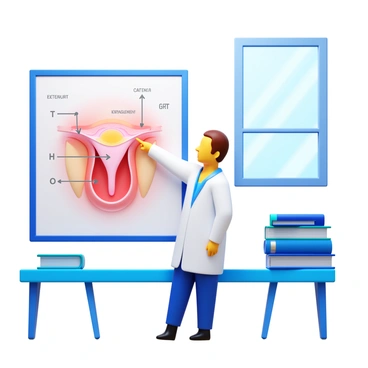 A doctor in a white lab coat stands next to a whiteboard. The doctor is pointing at a detailed diagram of the cervix illustrated in clear, labeled sections. The diagram includes anatomical features such as the opening of the cervix, surrounding tissues, and arrows indicating the direction of various processes. The doctor is engaged in an explanation, with a focused expression, while a few medical books are stacked on a table nearby. A window in the background allows soft light to illuminate the scene.
