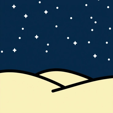 A dark blue night sky filled with bright, white stars scattered across the canvas. Below, an expansive desert with soft, rolling dunes, their golden sands illuminated faintly by the starlight. In the foreground, a single, prominent dune rises slightly higher than the rest, casting subtle shadows. The horizon stretches far, emphasizing the vastness of the desert landscape under the celestial display above.