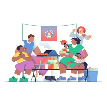 A family is gathered around a portable grill set up on a picnic table at a football tailgate. The father, with short brown hair and wearing a blue jersey, is flipping burgers on the grill. The mother, with curly black hair tied in a ponytail, is holding a tray of colorful vegetables to grill. Two children, one boy and one girl, are playing with a football nearby. The boy, wearing a red cap, is catching the ball while the girl, dressed in a striped sweater, cheers him on. A cooler filled with drinks is placed next to the table, and a banner with the team’s logo is hung in the background. The scene is vibrant, filled with excitement and the aroma of grilled food.