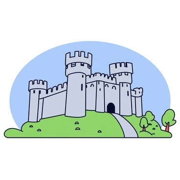 A grand medieval castle with large stone walls and tall towers, perched on a hill. The castle features ornate battlements and arched windows, showcasing classic medieval architecture. Surrounding the castle are patches of green grass and a few scattered trees. The background reveals a clear blue sky, adding a vibrant contrast to the castle structure.