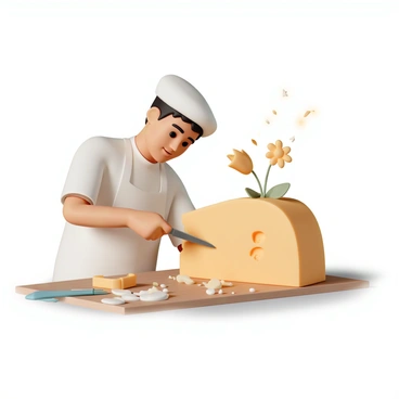 An artist, wearing a white apron and a beret, is focused on sculpting a large piece of raclette cheese. The artist is using a knife to carve intricate details into the smooth surface of the cheese block, which is resting on a wooden table. Various sculpting tools are scattered around the workspace, and small shavings of cheese are visible on the table. The background features a soft light illuminating the scene, highlighting the texture and richness of the cheese. A partially completed sculpture of a delicate flower emerges from the cheese, showcasing the artist's skill and creativity.