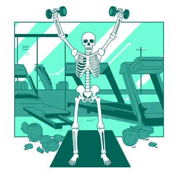 A white skeleton is lifting a pair of small teal weights above its head. It is positioned in the center of a busy gym filled with various pieces of gym equipment. Behind the skeleton, there are several teal exercise machines, including a treadmill and a bench press. The floor is covered with black mats, and there are weights of different sizes scattered around the area. A large mirror on the wall reflects the scene, adding depth to the environment. The gym is well-lit, highlighting the skeleton's bony structure as it engages in its workout.
