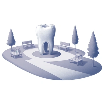 A public park featuring a large artistic sculpture of a tooth