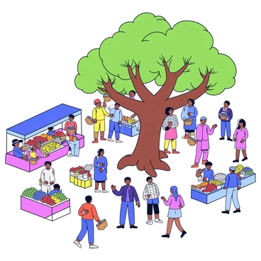 A bustling market scene filled with various vendors and shoppers. In the center, there is a large neem tree with a thick trunk and lush green leaves, providing shade to the surrounding area. Colorful stalls line the pathways, displaying fresh fruits, vegetables, and handmade goods. Shoppers are seen interacting with vendors, some carrying baskets filled with purchases. The atmosphere is lively, with people chatting and engaging in commerce. Sunlight filters through the leaves of the neem tree, casting dappled shadows on the ground.