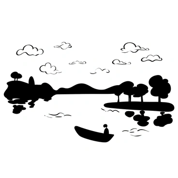 A small boat gently floating on the surface of a Bengali river. The water reflects the silhouette of nearby trees along the riverbank. In the background, the outline of distant hills can be seen. The sky is filled with clouds in various formations, creating a textured appearance. There are ripples on the water's surface, indicating a light breeze. The scene embodies tranquility with no people present in the boat or along the riverbank.