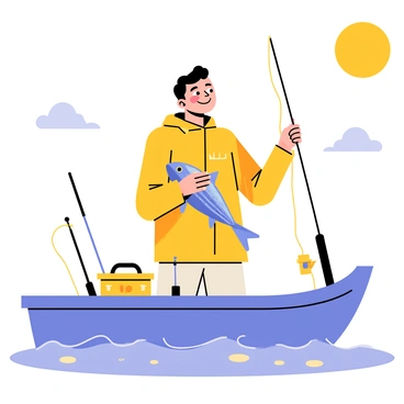 A fisherman wearing a bright yellow raincoat is standing on a boat that is gently bobbing on the water. He has a big smile on his face as he proudly holds a shimmering blue fish in his hands, showcasing its iridescent scales. The sun is shining brightly, casting warm light on the scene, with a few fluffy white clouds in the blue sky. The boat has fishing gear scattered around, including a fishing rod and a tackle box. The water around the boat reflects the sunlight, creating a sparkling effect.