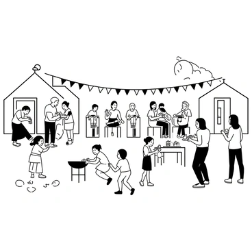 A neighborhood block party is taking place on a sunny day. Rows of colorful banners are strung between houses, and tables are set up with various food items and drinks. Families are gathered, smiling and enjoying the festivities. Children are playing games like sack races and tug-of-war in the street, while a group of musicians is performing lively music on a small stage. Adults are chatting and laughing, some holding plates of food. A barbecue grill is smoking in the background, adding to the cheerful atmosphere.