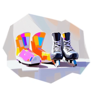 A pair of brightly colored hockey shin guards resting next to a pair of skates.