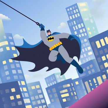 Batman is in mid-swing through a cityscape, using a black grappling hook. His iconic black cape billows behind him as he moves through the air. The buildings around him are towering and detailed, showcasing a mix of modern glass skyscrapers and classic brick structures. The sky above is a deep blue with soft clouds, and some lights from the buildings are illuminated, hinting at the time being dusk. Batman's stance is dynamic, with one arm extended forward holding the grappling hook, while his body is angled towards the ground below.
