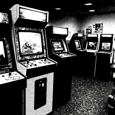 An old-school arcade room features rows of vintage arcade machines. One machine prominently displays a motorcycle racing game, with a bright "High Score" screen glowing in front. The motorcycle game cabinet has detailed artwork depicting speed and excitement. Nearby, other arcade machines are filled with colorful buttons and joysticks. The floor is filled with a glittering mosaic of coins scattered around, and the walls are decorated with retro gaming posters. A few players can be seen engaged in the games, adding to the lively atmosphere of the arcade.