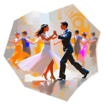 A group of figures, including a man and a woman, are engaged in a lively dance. The man has short, dark hair and is wearing a fitted suit, while the woman has long, flowing hair adorned with a decorative headpiece. She is dressed in an elegant dress with gold accents. They are surrounded by a dynamic background filled with swirling and geometric patterns reminiscent of Klimt's style. The patterns incorporate rich colors such as gold, deep blue, and vibrant reds, enhancing the energy of the scene. The figures are positioned in various dance poses, emphasizing movement and rhythm in the composition.