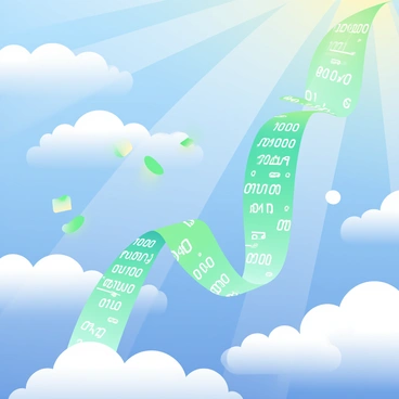 A stream of bright, glowing digital data represented by flowing lines of binary code in various shades of green and blue is moving through fluffy, white clouds. The clouds are soft and puffy, scattered across a clear, vibrant blue sky. Sunlight is shining through the clouds, creating a dreamy atmosphere. The data stream curves elegantly, weaving in and out of the clouds, while some fragments of code are tumbling gently in the breeze. The contrast between the crisp digital elements and the soft clouds enhances the visual impact of the scene.