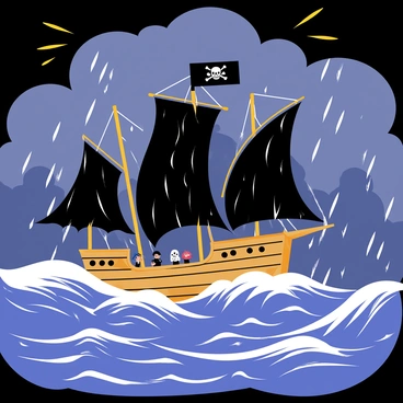 A pirate ship with tattered black sails is navigating through tumultuous waves on stormy seas. The ship features a skull and crossbones flag fluttering at the top of the mast. Dark, swirling clouds dominate the sky, illuminated by bright flashes of lightning. The ocean is churning with foamy whitecaps, while rain pours down, creating splashes around the ship. The pirate ship’s wooden hull is soaked, and its crew can be seen struggling to maintain control as the storm rages around them.