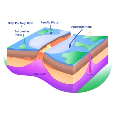 A cross-section view of Earth's crust displaying the different tectonic plates in motion. The plates are labeled with their names, including "North American Plate," "Eurasian Plate," and "Pacific Plate." Arrows indicating the direction of movement are present, illustrating the slab pull forces at work. The layers of the Earth's crust are shown in varied colors to distinguish between the lithosphere and asthenosphere. Additionally, there are visual representations of fault lines and magma chambers beneath the crust, emphasizing the dynamic nature of tectonic interactions.