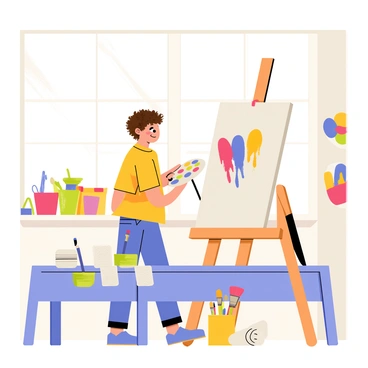 A child with curly brown hair is standing in front of an easel, focused on painting a colorful picture. The easel holds a large white canvas that displays bright splashes of red, blue, and yellow paint. Around the child, there are various art supplies, including a palette with an array of colors, brushes in a cup, and paper towels scattered on the table. The classroom has large windows letting in natural light, with vibrant artwork displayed on the walls, creating a lively atmosphere for creativity.