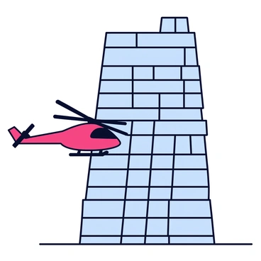 An RC helicopter flying with precision. The helicopter has a sleek design, featuring a bright red body and black rotor blades. It is navigating skillfully between the windows of a tall skyscraper, which has a shiny glass facade reflecting the sunlight. The windows are arranged in a grid pattern, showcasing a modern architectural style. Below, the ground appears distant, highlighting the height of the skyscraper.