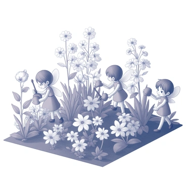 A lush garden filled with various flowers in bloom. The flowers display an array of intricate shapes and sizes. Pixies are seen tending to the plants, with delicate features and expressive faces. Some pixies are watering the flowers with tiny watering cans, while others are pruning the plants with small shears. The garden is well-organized, with clearly defined garden beds and a variety of leafy green plants surrounding the colorful flowers. The scene is vibrant and teeming with life, with the pixies actively engaged in their gardening tasks.