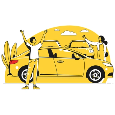 A young adult standing in front of a car at a dealership, with a broad smile on their face. The person is wearing casual clothing, with their arms raised in excitement. The car is a sleek sedan in profile, featuring shiny wheels and a polished exterior. In the background, there is a salesperson handing over the keys to the young adult. The dealership is filled with other vehicles on display, and the sky above is clear.