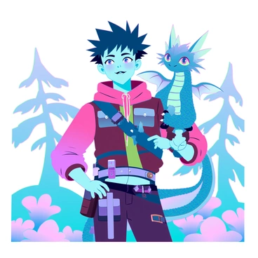 A young adventurer with bright, expressive eyes and spiky hair stands confidently, dressed in a colorful outfit adorned with various pockets and belts. The adventurer has a determined expression, ready for exploration. Perched on their shoulder is a cute, mystical creature resembling a small dragon with shimmering scales in shades of blue and green. The creature has large, expressive eyes and delicate, translucent wings that catch the light. The background features a lush, fantastical landscape with towering trees and vibrant flowers, enhancing the sense of adventure.