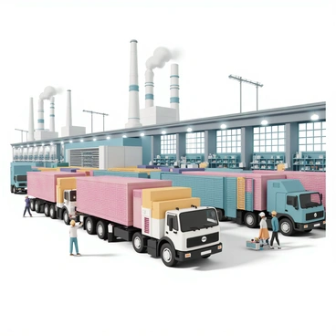 A large industrial factory, characterized by its tall smokestacks and expansive assembly line, is producing trucks with a distinctive brick pattern design. The factory is busy, with workers wearing safety helmets and uniforms, operating machinery and inspecting the trucks. Several trucks are in various stages of assembly, showcasing the brick-patterned exterior. Bright overhead lights illuminate the factory floor, casting shadows on the ground, while large windows allow natural light to filter in. In the background, shelves are stocked with tools and parts, enhancing the sense of an active production environment.