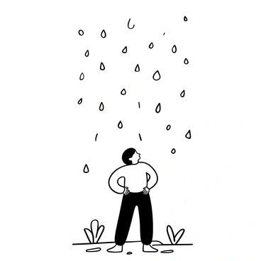 A person's silhouette looking up, with raindrops falling around. The droplets are shown splashing as they hit the surface. The ground below is wet, creating a shimmer effect. There are scattered puddles reflecting the surroundings.